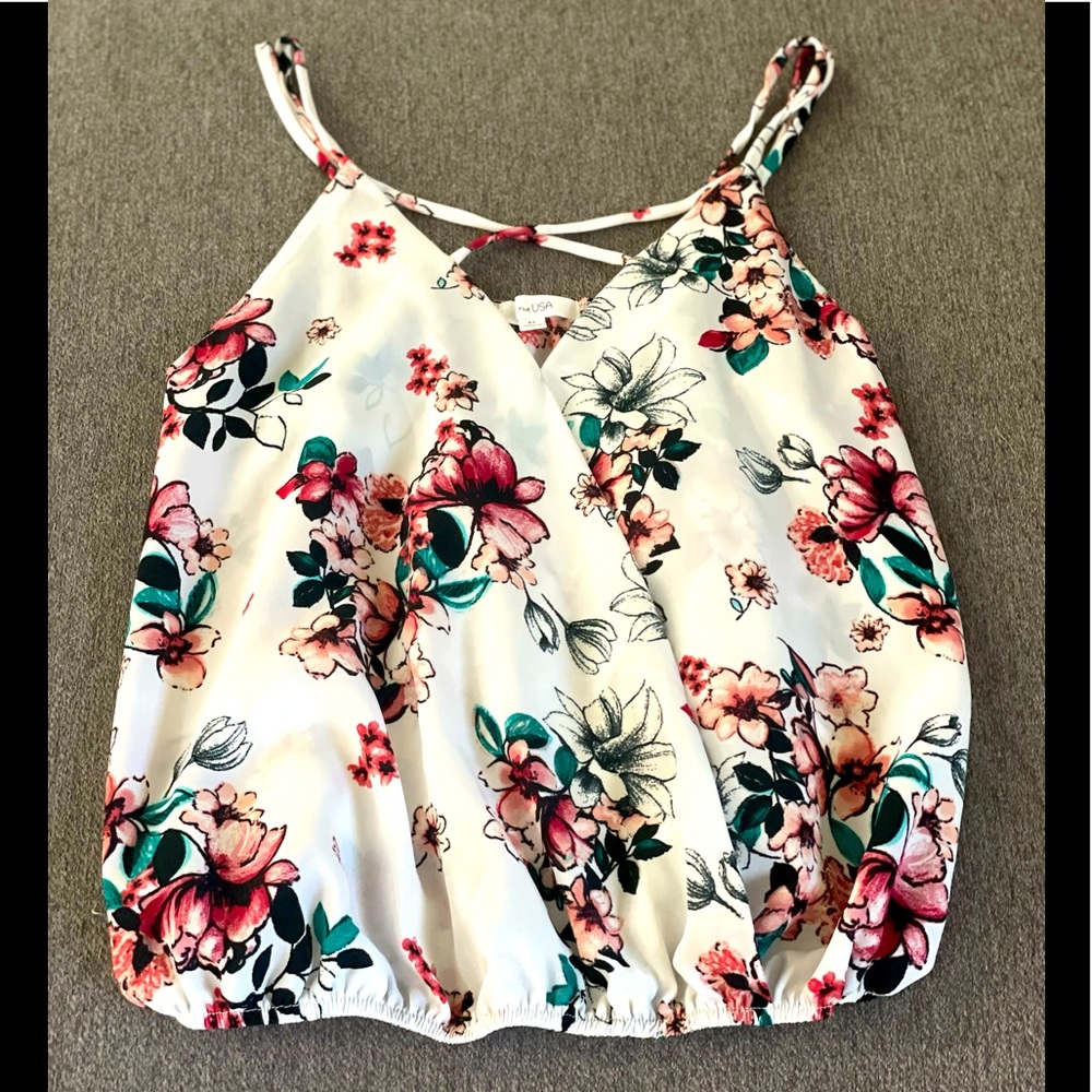 White Cropped Floral Summer Top- Size M